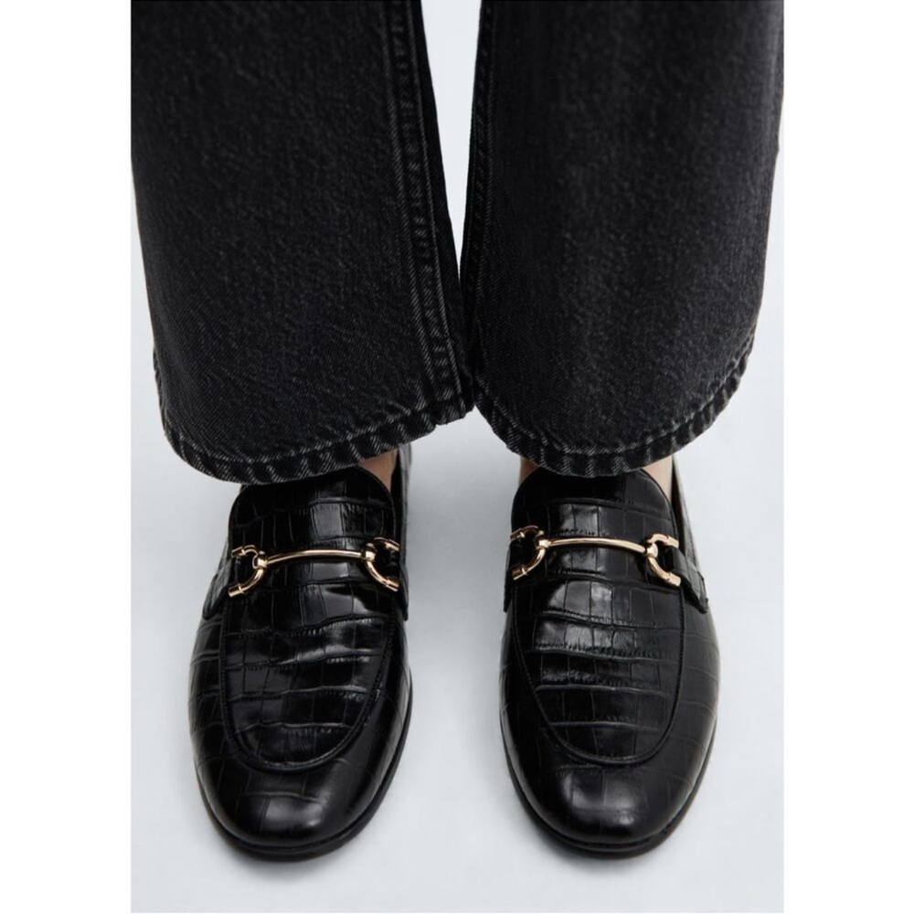 Mango Black Crocodile Embossed Loafers Size 41 NWT
